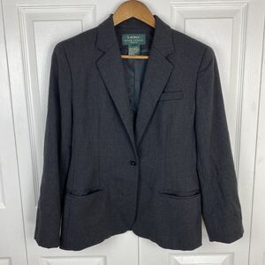 Lauren Ralph Lauren Size 4 Petite Blazer Jacket Gray Wool Single Breasted V-Neck